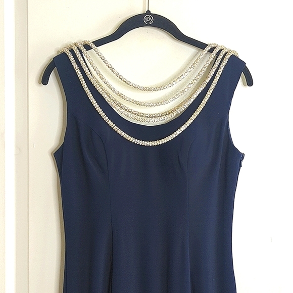 Precious Formals Lux Gal Navy Evening Gown Tiered Rhinestone Cord Neckline S - Picture 7 of 17